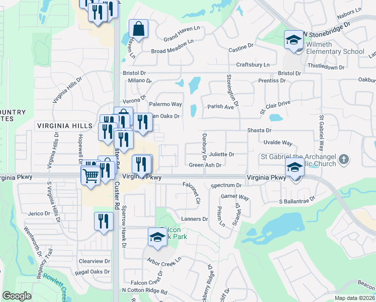 map of restaurants, bars, coffee shops, grocery stores, and more near 8424 Juliette Drive in McKinney