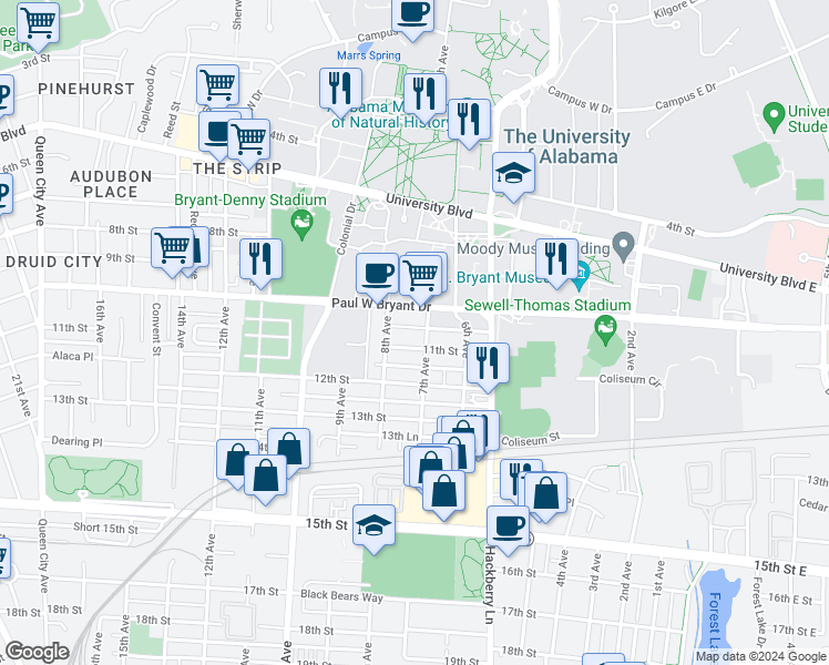 map of restaurants, bars, coffee shops, grocery stores, and more near 1008 7th Avenue in Tuscaloosa