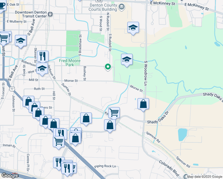 map of restaurants, bars, coffee shops, grocery stores, and more near 1222 Morse Street in Denton