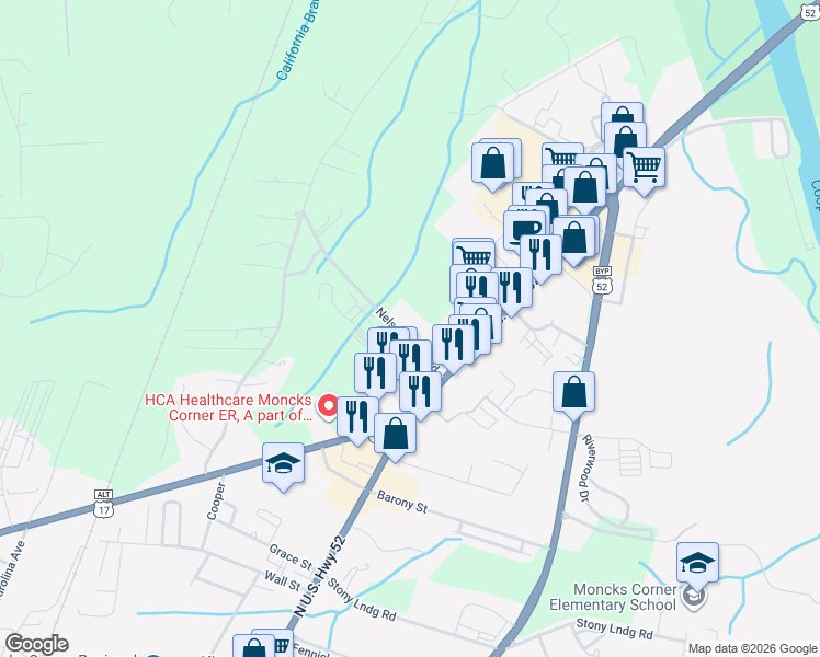 map of restaurants, bars, coffee shops, grocery stores, and more near 421 State Road S-8-366 in Moncks Corner