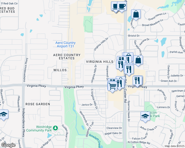 map of restaurants, bars, coffee shops, grocery stores, and more near 9300 Newport Lane in McKinney