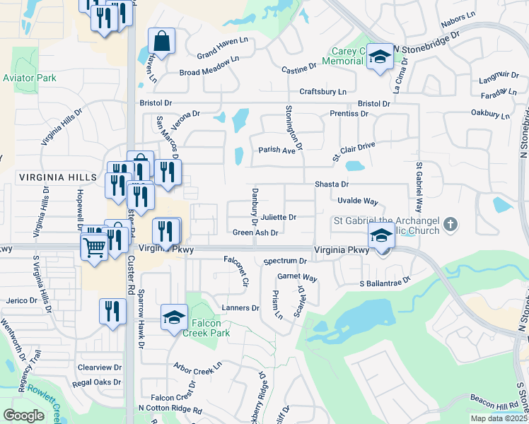map of restaurants, bars, coffee shops, grocery stores, and more near 8304 Juliette Drive in McKinney