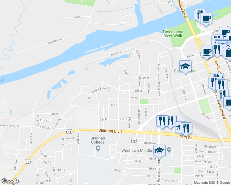 map of restaurants, bars, coffee shops, grocery stores, and more near 610 36th Avenue in Tuscaloosa