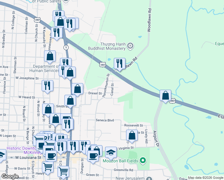 map of restaurants, bars, coffee shops, grocery stores, and more near 908 Canal Street in McKinney