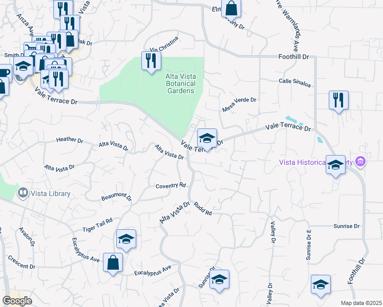 map of restaurants, bars, coffee shops, grocery stores, and more near 1515-2 Vale Terrace Place in Vista