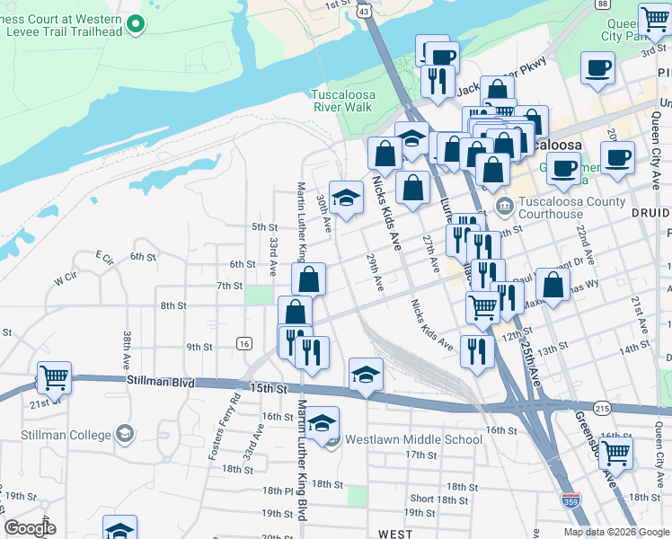 map of restaurants, bars, coffee shops, grocery stores, and more near 3001 7th Street in Tuscaloosa