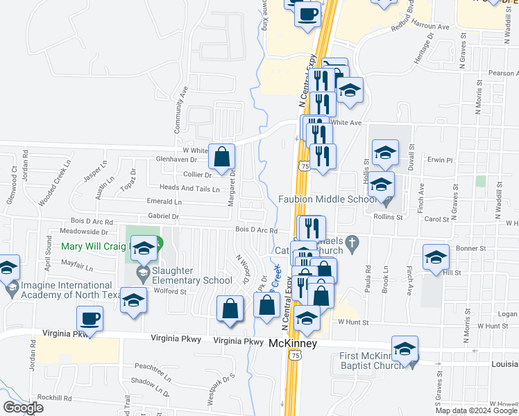 map of restaurants, bars, coffee shops, grocery stores, and more near 2232 Stoneleigh Place in McKinney
