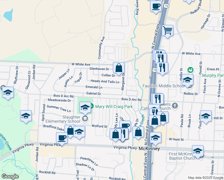 map of restaurants, bars, coffee shops, grocery stores, and more near 2329 Emerald Lane in McKinney