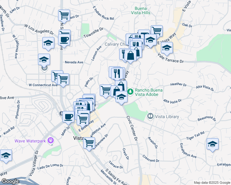 map of restaurants, bars, coffee shops, grocery stores, and more near 100 Hillside Terrace in Vista