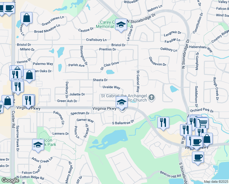 map of restaurants, bars, coffee shops, grocery stores, and more near 7617 Uvalde Way in McKinney