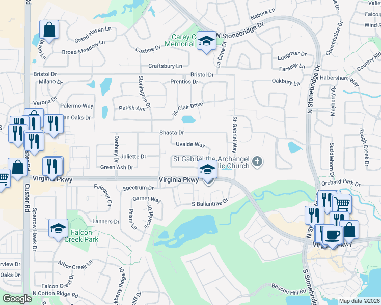 map of restaurants, bars, coffee shops, grocery stores, and more near 7617 Uvalde Way in McKinney