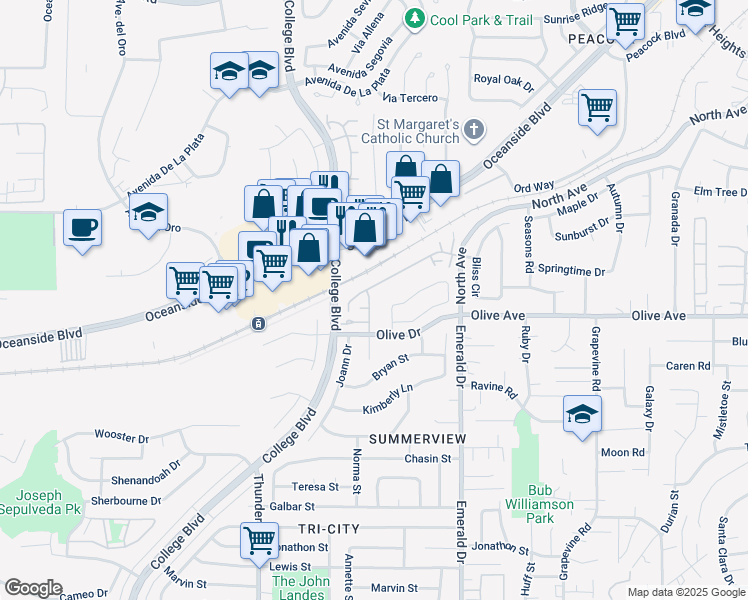 map of restaurants, bars, coffee shops, grocery stores, and more near 2440 Sonrisa Way in Oceanside