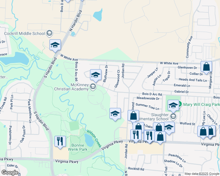 map of restaurants, bars, coffee shops, grocery stores, and more near 702 Long Hill Court in McKinney
