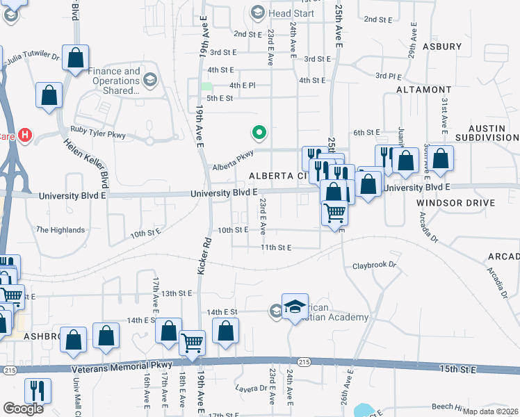 map of restaurants, bars, coffee shops, grocery stores, and more near 923 23rd Avenue East in Tuscaloosa