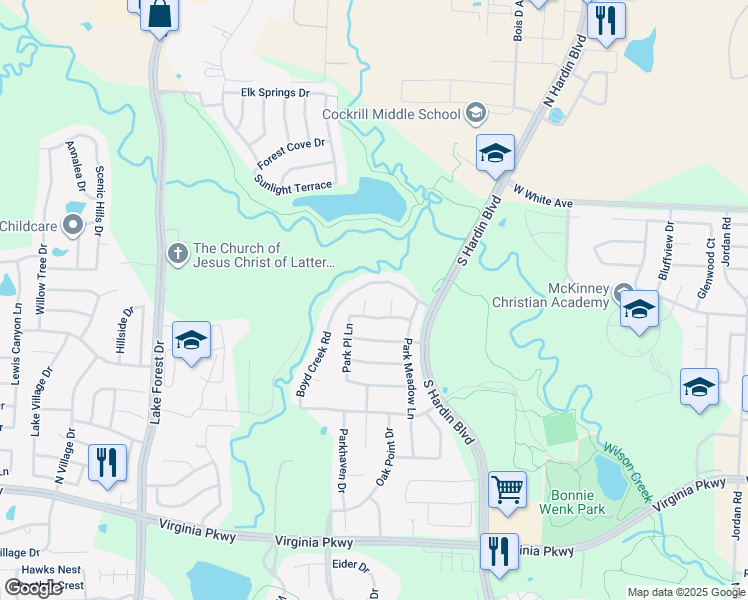 map of restaurants, bars, coffee shops, grocery stores, and more near 1012 Nob Hill Place in McKinney