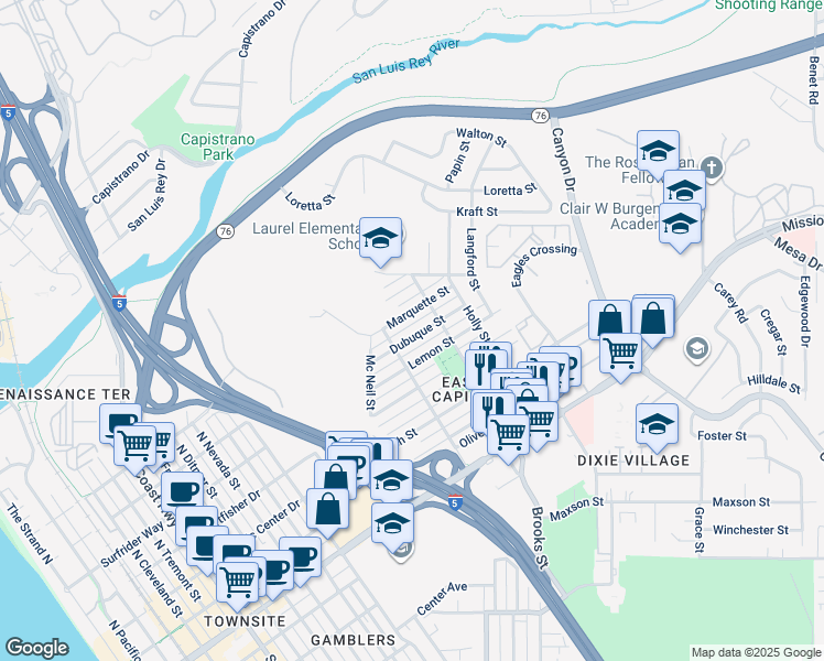 map of restaurants, bars, coffee shops, grocery stores, and more near 1422 Dubuque Street in Oceanside