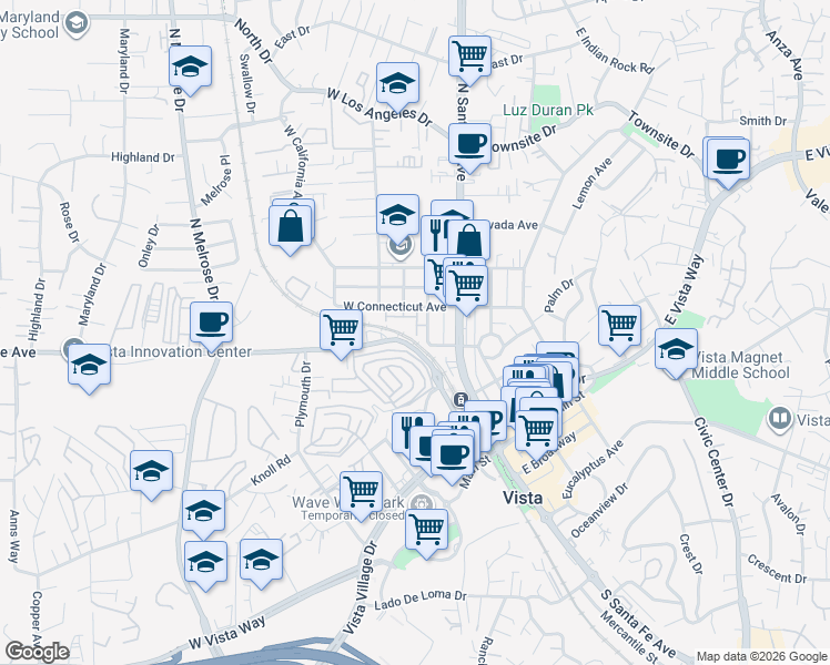 map of restaurants, bars, coffee shops, grocery stores, and more near 414 Avenida de la Luna in Vista