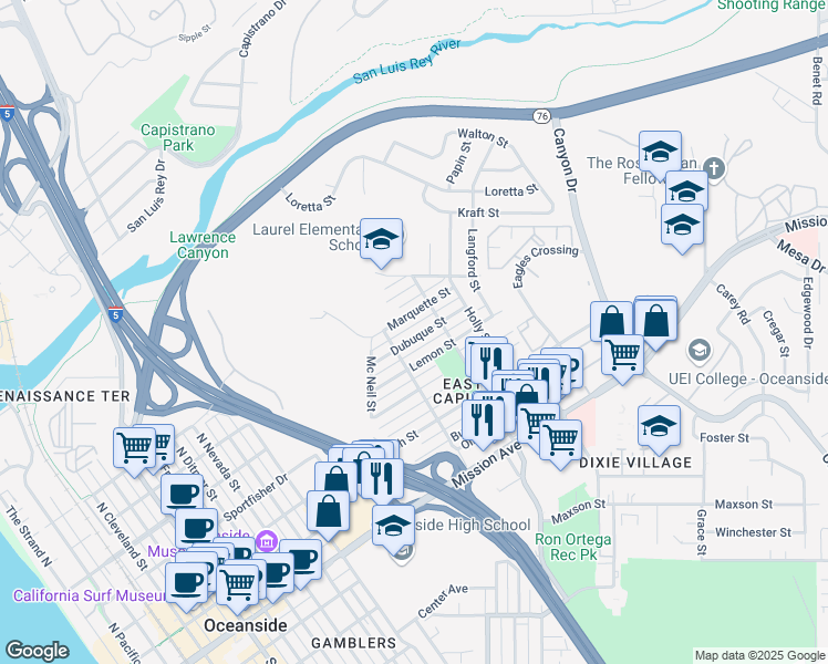 map of restaurants, bars, coffee shops, grocery stores, and more near 1422 Dubuque Street in Oceanside