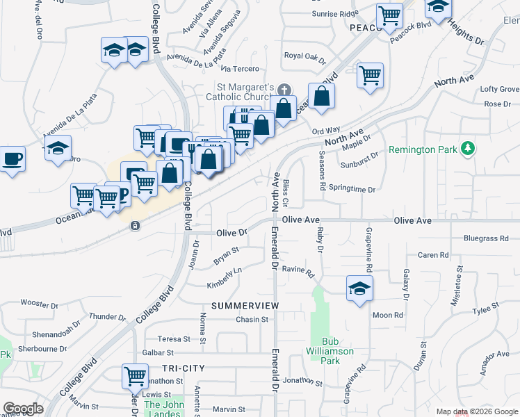 map of restaurants, bars, coffee shops, grocery stores, and more near 4152 Diamond Circle in Oceanside