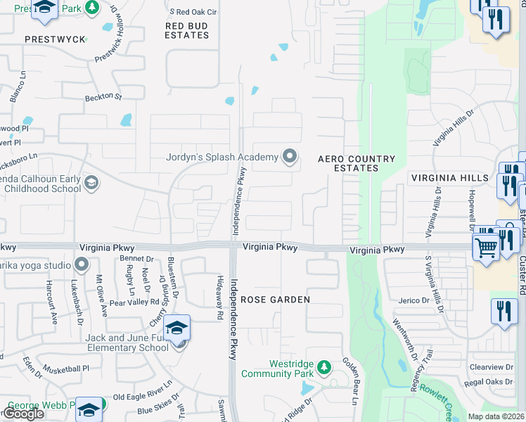 map of restaurants, bars, coffee shops, grocery stores, and more near 9904 Pronghorn Road in McKinney