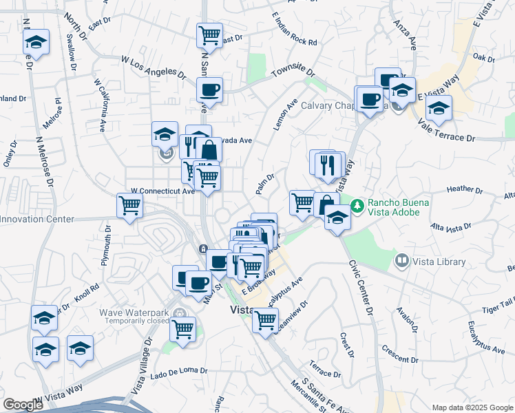 map of restaurants, bars, coffee shops, grocery stores, and more near 333 North Citrus Avenue in Vista