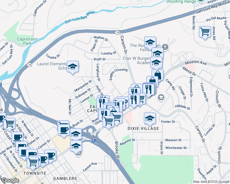 map of restaurants, bars, coffee shops, grocery stores, and more near 1626 Higgins Street in Oceanside