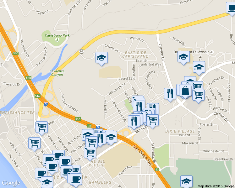 map of restaurants, bars, coffee shops, grocery stores, and more near 1409 Marquette Street in Oceanside