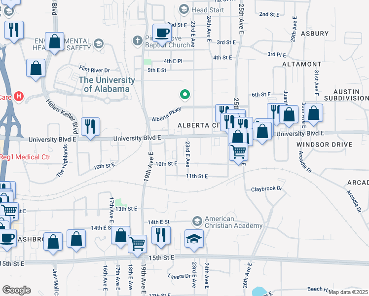 map of restaurants, bars, coffee shops, grocery stores, and more near 923 23rd Avenue East in Tuscaloosa