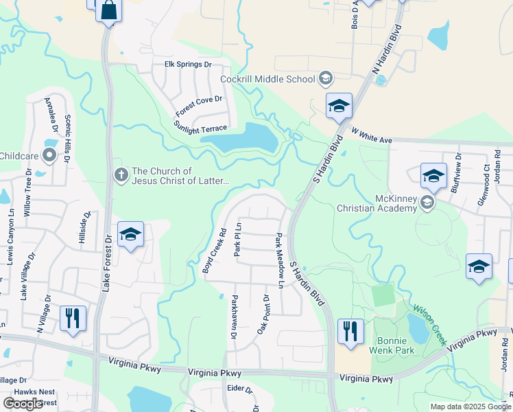 map of restaurants, bars, coffee shops, grocery stores, and more near 1012 Nob Hill Place in McKinney