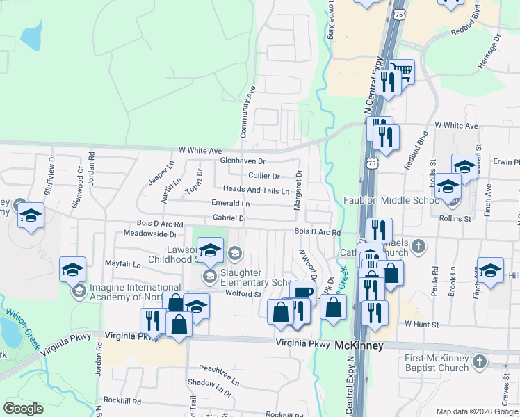 map of restaurants, bars, coffee shops, grocery stores, and more near 2413 Emerald Lane in McKinney