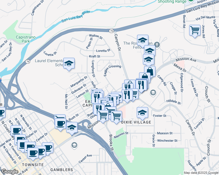 map of restaurants, bars, coffee shops, grocery stores, and more near 1626 Higgins Street in Oceanside