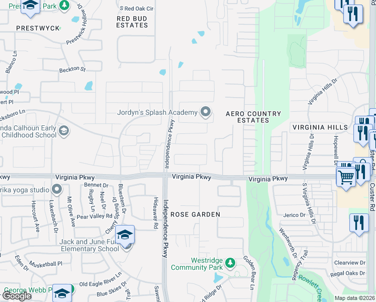 map of restaurants, bars, coffee shops, grocery stores, and more near 9904 Pronghorn Road in McKinney