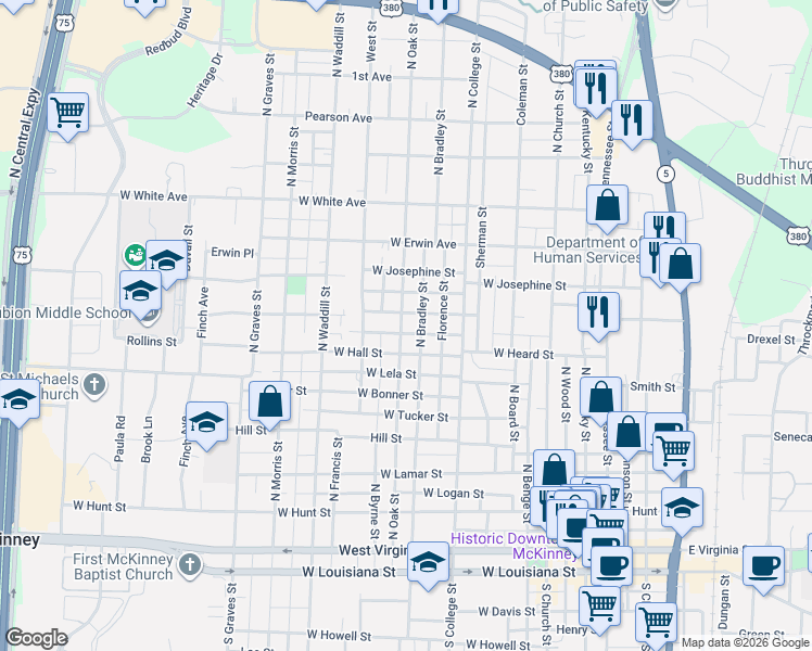map of restaurants, bars, coffee shops, grocery stores, and more near 1005 North Bradley Street in McKinney
