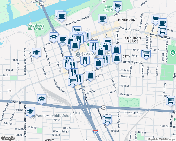 map of restaurants, bars, coffee shops, grocery stores, and more near 919 Greensboro Avenue in Tuscaloosa