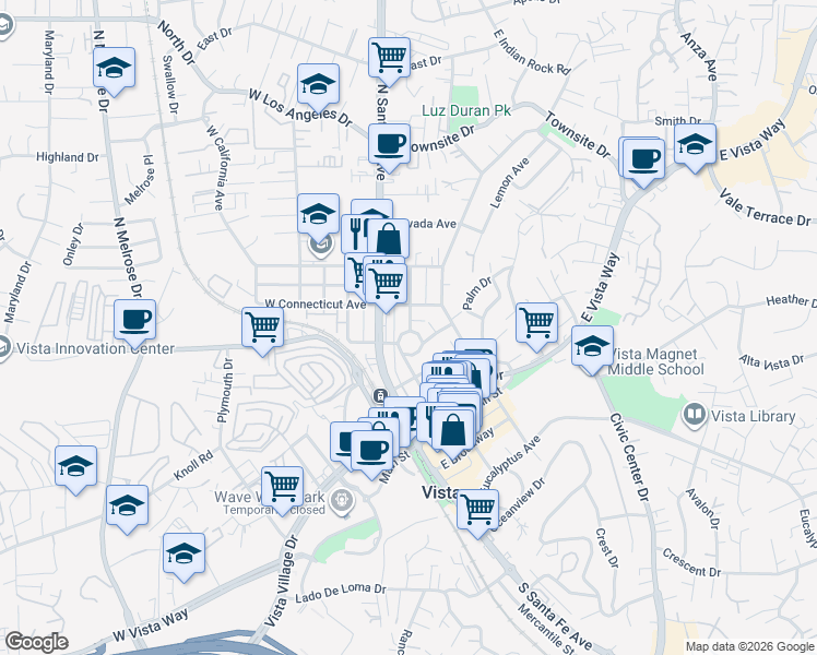 map of restaurants, bars, coffee shops, grocery stores, and more near 420 Massachusetts Avenue in Vista