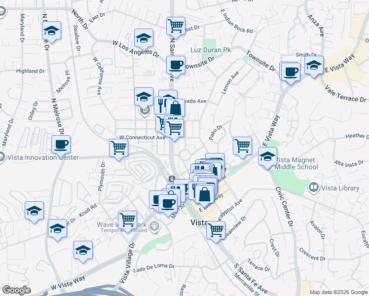 map of restaurants, bars, coffee shops, grocery stores, and more near 418 Massachusetts Avenue in Vista