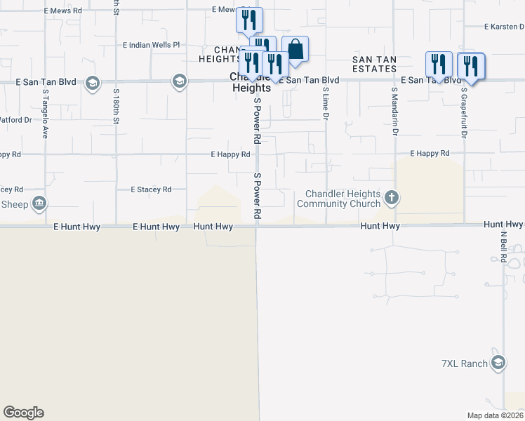 map of restaurants, bars, coffee shops, grocery stores, and more near 18413 East Navajo Drive in Queen Creek