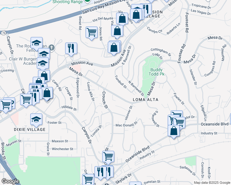 map of restaurants, bars, coffee shops, grocery stores, and more near 2710 Mesa Drive in Oceanside