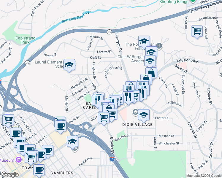 map of restaurants, bars, coffee shops, grocery stores, and more near 320 Isthmus Way in Oceanside
