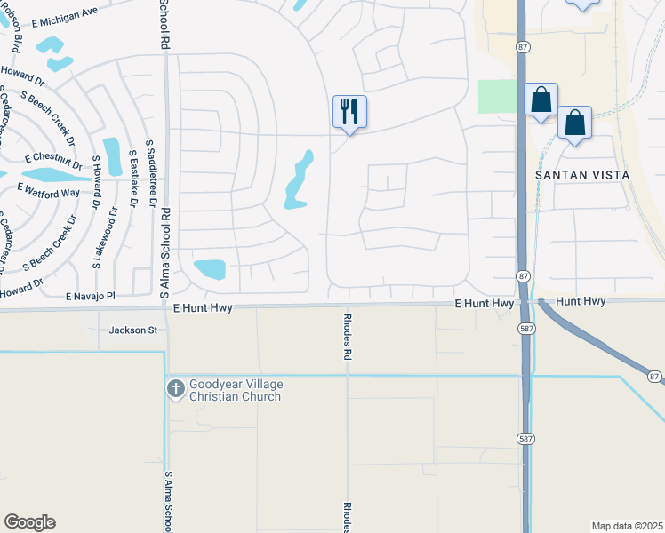 map of restaurants, bars, coffee shops, grocery stores, and more near 26605 South Ribbonwood Drive in Sun Lakes