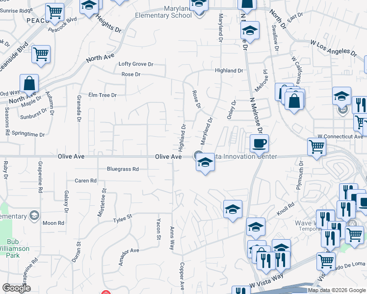 map of restaurants, bars, coffee shops, grocery stores, and more near 727 Highland Drive in Vista