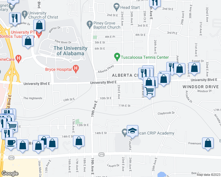 map of restaurants, bars, coffee shops, grocery stores, and more near 916 22nd Ave E in Tuscaloosa