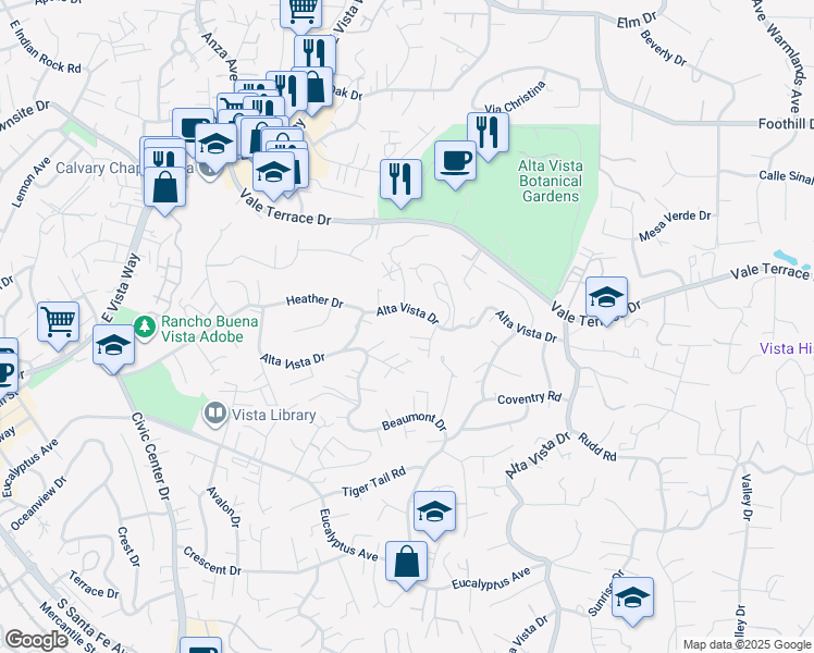 map of restaurants, bars, coffee shops, grocery stores, and more near 1221 Alta Vista Drive in Vista