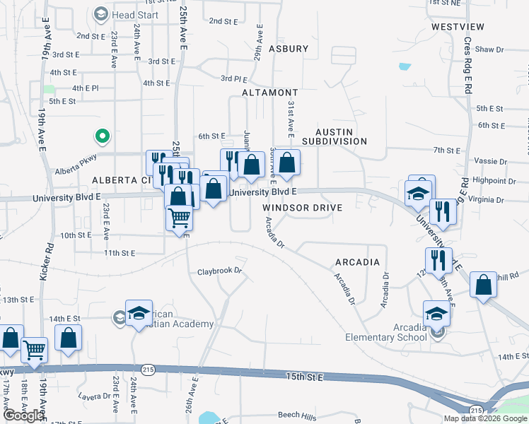 map of restaurants, bars, coffee shops, grocery stores, and more near 2935 Arcadia Drive in Tuscaloosa
