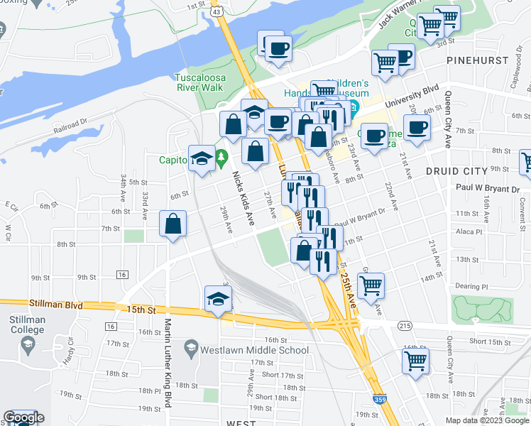map of restaurants, bars, coffee shops, grocery stores, and more near 2709 8th Street in Tuscaloosa