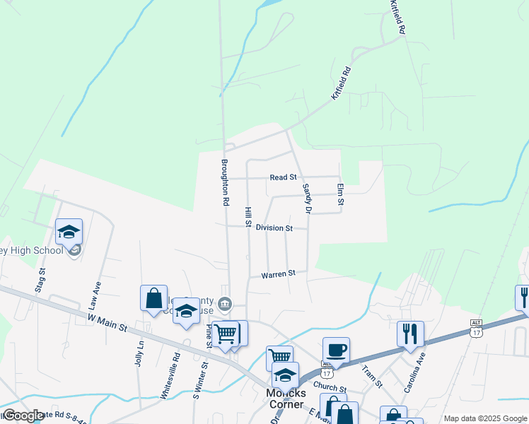 map of restaurants, bars, coffee shops, grocery stores, and more near 468 Morrow Street in Moncks Corner