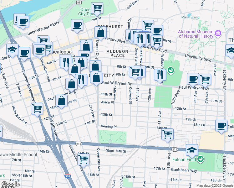 map of restaurants, bars, coffee shops, grocery stores, and more near 1023 16th Ave in Tuscaloosa