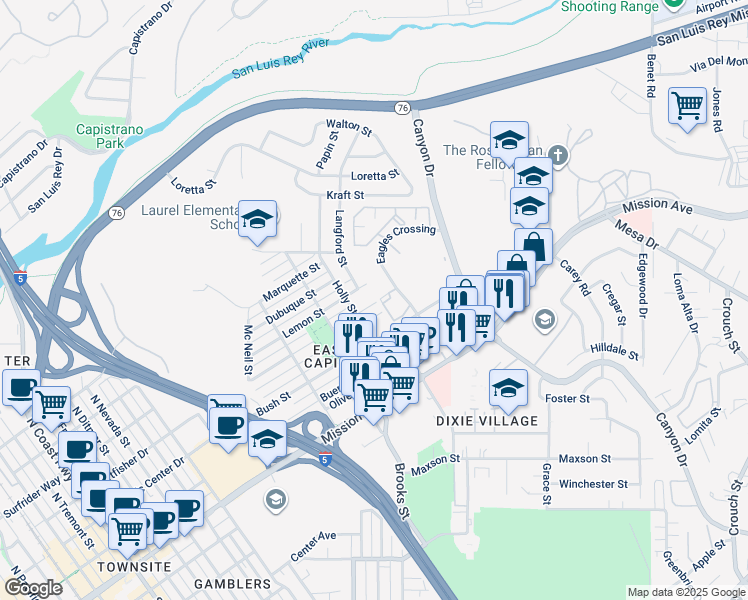 map of restaurants, bars, coffee shops, grocery stores, and more near 1626 East Higgins Street in Oceanside