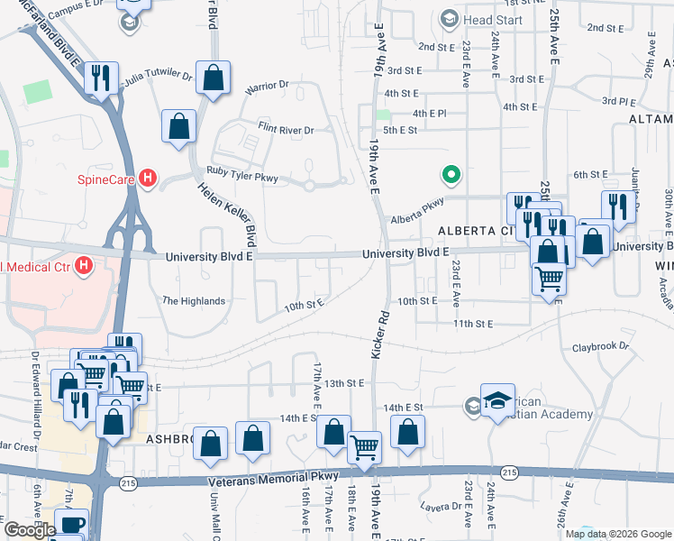 map of restaurants, bars, coffee shops, grocery stores, and more near 915 17th Avenue East in Tuscaloosa