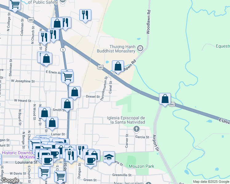 map of restaurants, bars, coffee shops, grocery stores, and more near 804 Center Street in McKinney